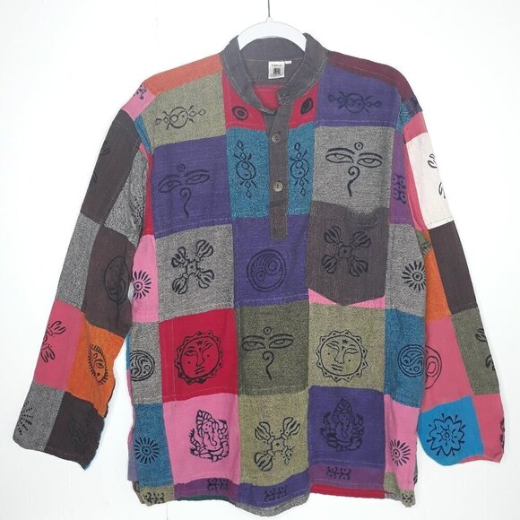 Everest Handicrafts Made in Nepal Patchwork Shirt L Ethnic Hippie Boho Festival - Picture 1 of 8